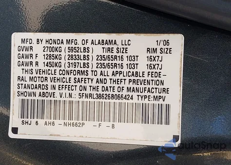 2006 Honda Odyssey Ex-L z USA, uszkodzony, nr VIN 5FNRL38626B066424